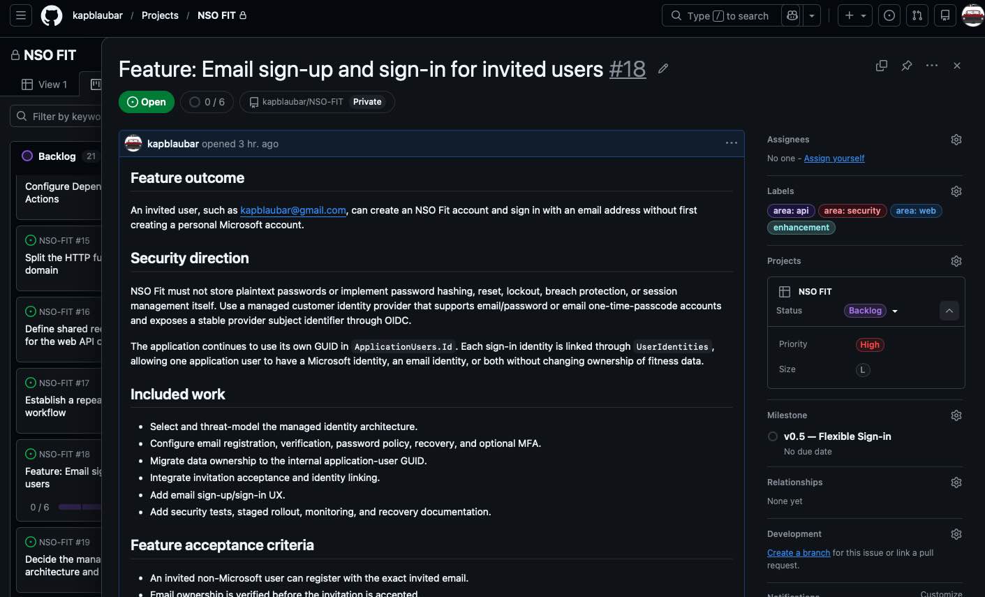 A real GitHub Projects feature for email sign-up and sign-in, showing its outcome, security direction, included work, labels, priority, size, and milestone