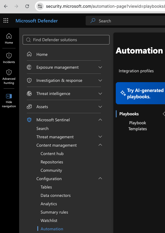 Microsoft Sentinel Automation and Playbooks in security.microsoft.com