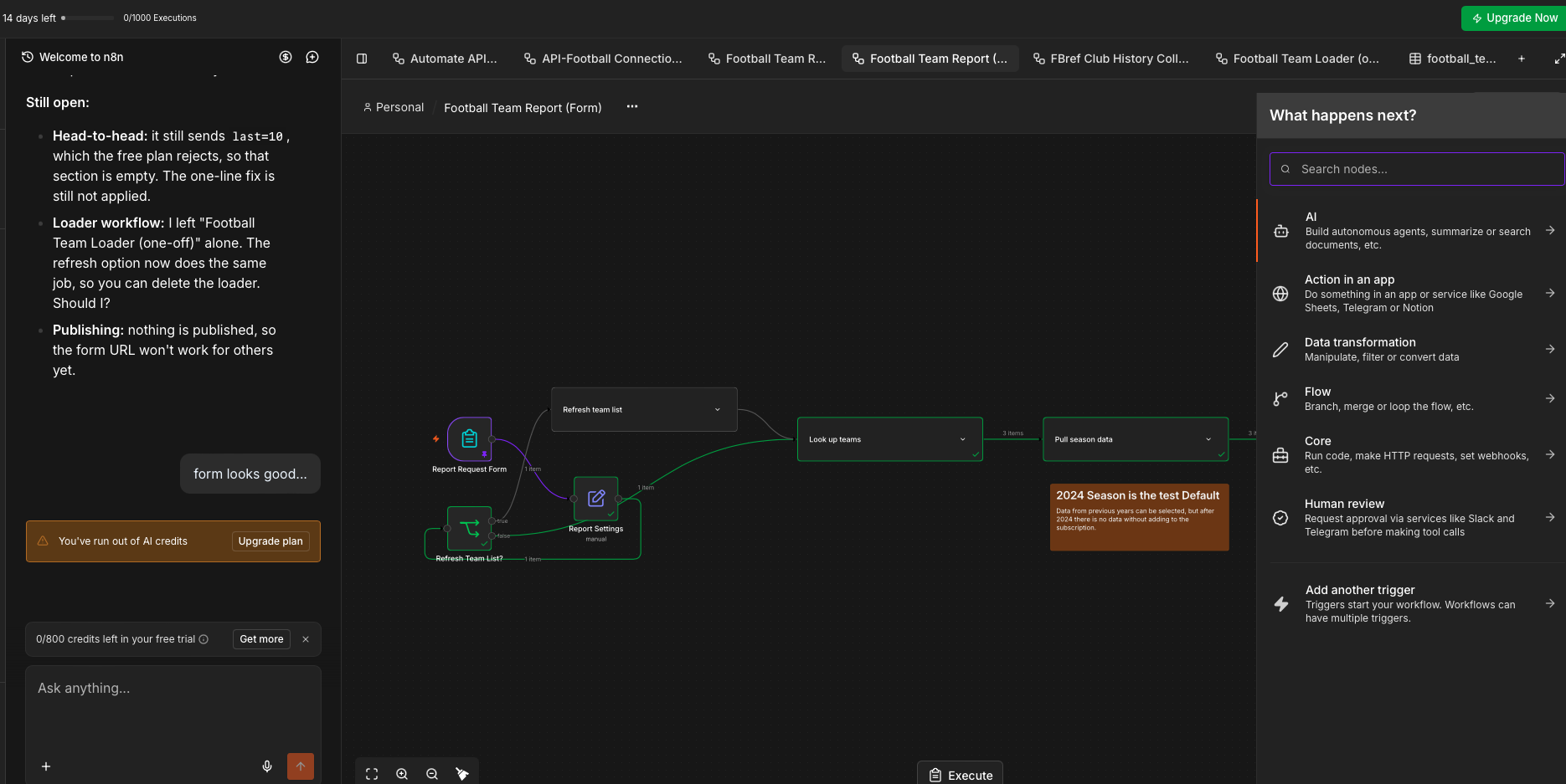 The n8n development panel beside the football-team-report workflow, showing the visual nodes and conversational build experience