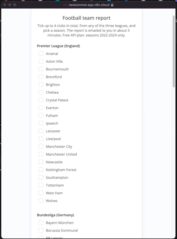The football team report form displaying selectable Premier League and Bundesliga clubs