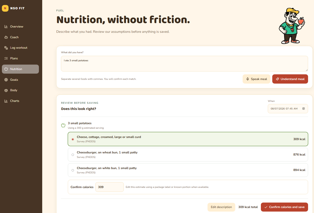 Reviewing USDA food matches and confirming calories in NSO Fit